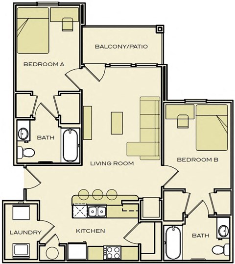 Floor plan for 2 beds, 2 baths, 920 sqft